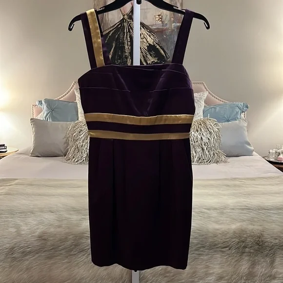 MINUET Purple Gold S Sleeveless Short Formal Stretch Natural Waist Pencil Dress - Picture 8 of 17